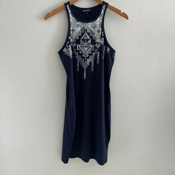 Y2K Express Navy Blue Sequin Mini Sleeveless Dress - Picture 1 of 4